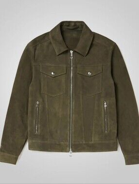 Reiss Pike Olive-Green Suede Zip Trucker Jacket